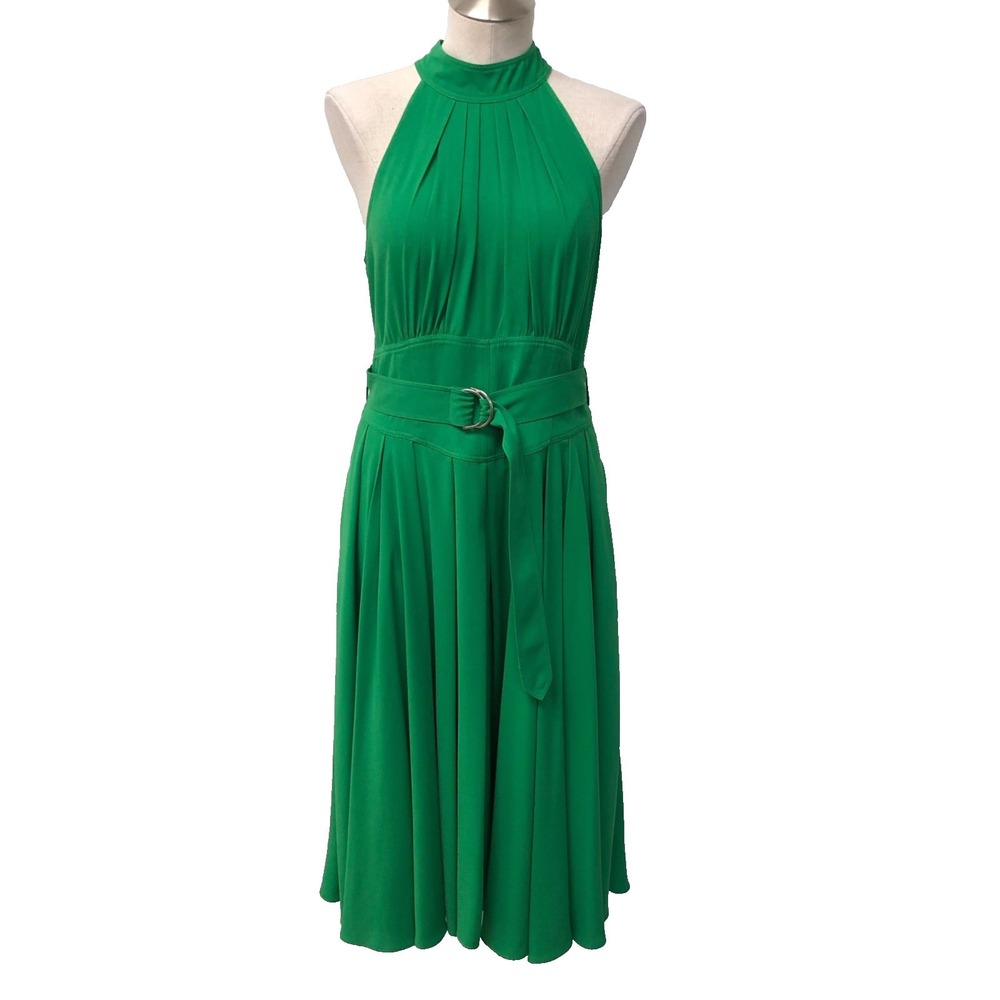 Diane Von Furstenberg Fit And Flare Dress Womens 8 Halter Green Belted Party